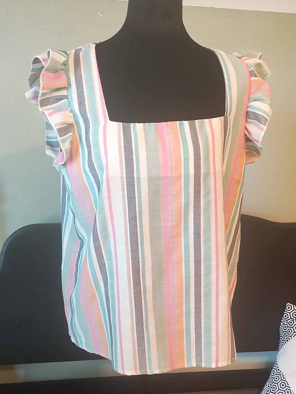 Striped Ruffle-Sleeve Square-Neck Top - Pastel Multi
